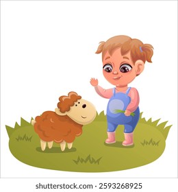 Illustration of a child doing gardening and animal husbandry