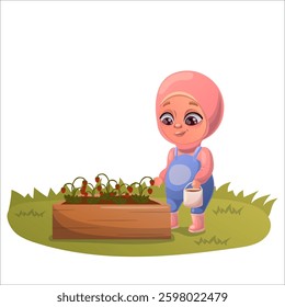 Illustration of a child doing gardening and animal husbandry