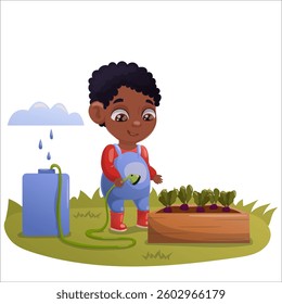 Illustration of a child doing gardening and animal husbandry