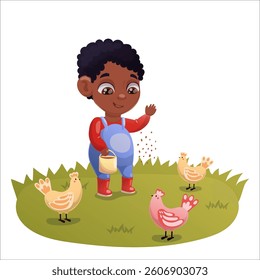 Illustration of a child doing gardening and animal husbandry