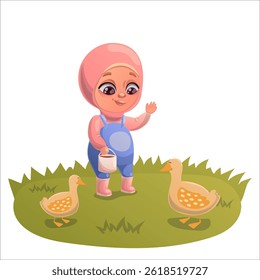 Illustration of a child doing gardening and animal husbandry