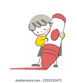 An illustration of a child drawing a line with red crayons.