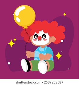 Ilustración de un niño vestido de payaso con peluca roja y Ilustración vectorial de globo amarillo