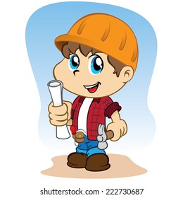 Illustration of a child dressed professional contractor, builder or architect with tools in hand 