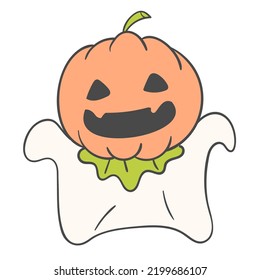 An illustration of a child dressed in a pumpkin costume for Halloween.