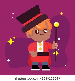 Illustration of a child dressed as a ringmaster with top hat and cane Vector illustration