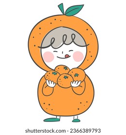 An illustration of a child dressed in a tangerine costume for Winter.