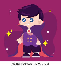 Ilustración de un niño vestido como un vampiro con capa y colmillos Ilustración vectorial