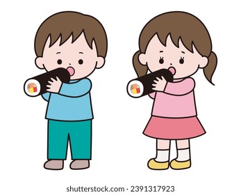 Illustration of a child eating ehomaki. boy, girl.