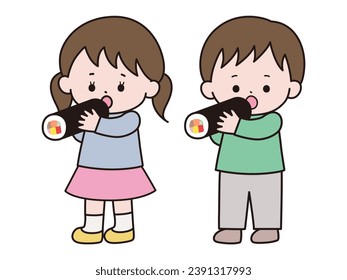 Illustration of a child eating ehomaki. boy, girl.