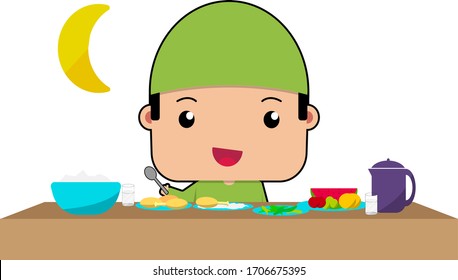 illustration of a child eating a meal suhuur before fasting a full day