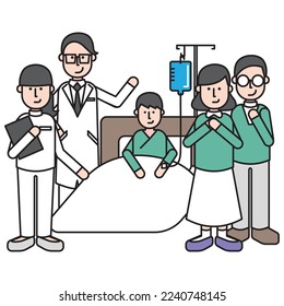 It is an illustration of a child, a family, and a medical worker who gives an intravenous drip at a hospital.