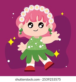 Ilustración de un niño en un traje de flores con corona de margarita y Ilustración vectorial de vestir verde