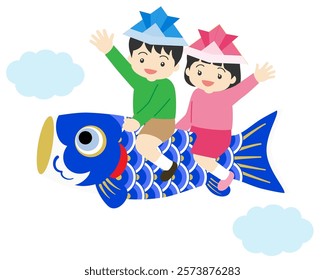 An illustration of a child flying in the sky on a carp streamer, suitable for use in Children's Day advertisements, etc.