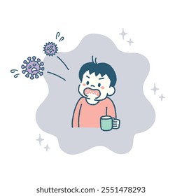 Illustration of child gargling and prevent of virus