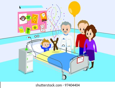 Illustration of child getting good news from a doctor in hospital. All vector objects and details are isolated and grouped. This illustration is a part of a story about a child in hospital.