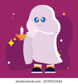 Illustration of a child in ghost costume holding a candle for Halloween Vector illustration