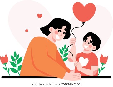 Illustration of a child giving a balloon to his mother as a gift. Vector illustration of a special Mother's Day event with family harmony and warmth. vector flat design