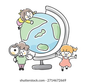 Ilustración de un niño y un globo terráqueo.