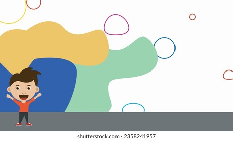 illustration of child health day. A boy child with happy face rising hands, wearing orange t-shirt, dark grey trousers and red sneakers. Pastel color curve and bubbles at the background.