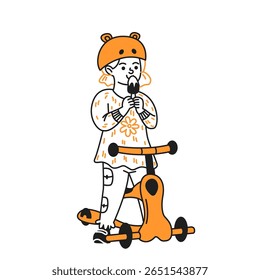 Illustration of a child in helmet savoring ice cream. Casual and playful style. Black and orange colors emphasize cheerful mood. Ideal for kids content.