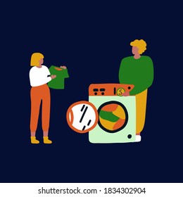 Illustration of a child with his father in a Laundry service. The concept of spending time together cleaning for yourself, drying clothes, taking care of clothes in the Laundry service. Flat vector