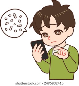 Illustration of a child holding a cell phone and looking at the screen to examine medicine