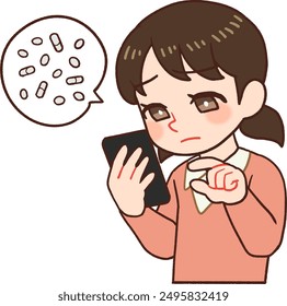 Illustration of a child holding a cell phone and looking at the screen to examine medicine