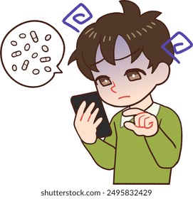 Illustration of a child holding a cell phone and looking at the screen to examine medicine