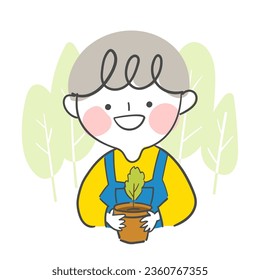 Illustration of a child holding a flowerpot.