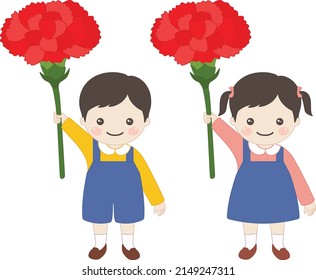 illustration of a child holding a red carnation for parent's day and teacher's day, where you can make a card.
