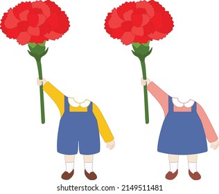 illustration of a child holding a red carnation for parent's day and teacher's day, where you can make a card by synthesizing faces.
