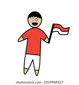 illustration of a child from Indonesia holding his country's flag to celebrate independence day