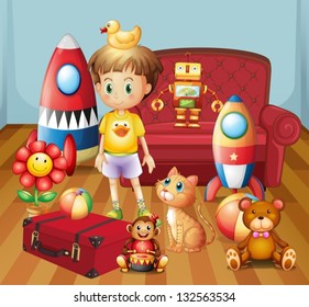 Illustration of a child inside the house with his toys