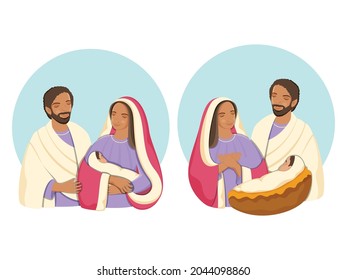 Illustration Of Child Jesus With St. Joseph And The Virgin Mary In Two Option.