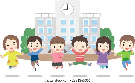 Illustration of a child jumping in front of a school building with a smile