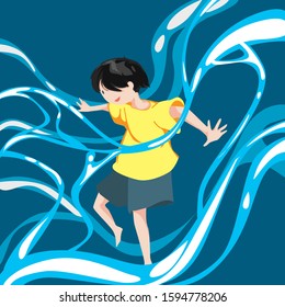 illustration of a child jumping happily and surrounded by floating water