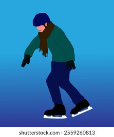 illustration of a child learning ice skating, wearing a protective helmet and scarf to protect against the cold, blue gradient background, isolated on a white background