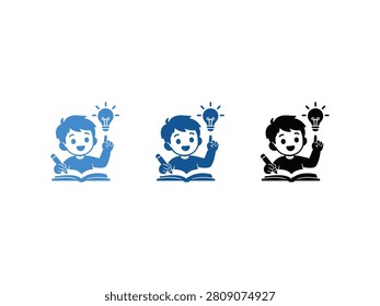 Illustration of a child with a lightbulb above their head, representing an idea, sitting with an open book.