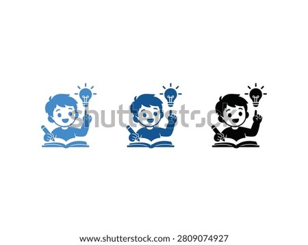Illustration of a child with a lightbulb above their head, representing an idea, sitting with an open book.