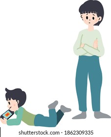 Illustration of a child lying down and playing a game and a mother in trouble