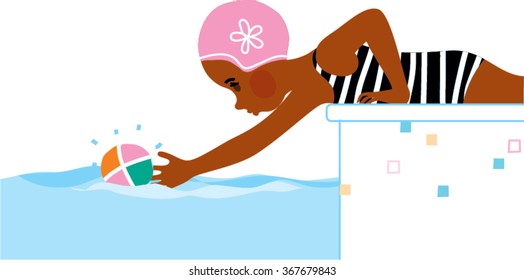 Illustration of a child lying down to reach for a ball in swimming pool. Kids swimming lesson. 