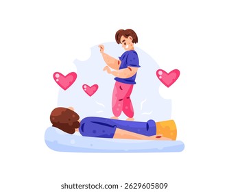 illustration of a child massaging his father by stepping on his back. giving a massage. activity and togetherness. parents and children. happy family. flat style character design