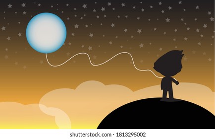 Illustration of a child and moon connected with a cable. Background for children to tell stories or as a metaphor to teach character and moral ideas.