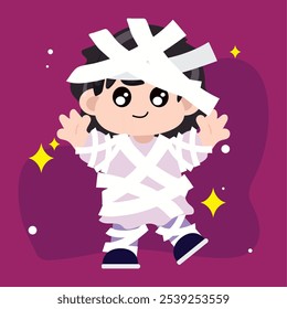 Illustration of a child in mummy costume wrapped in white bandages Vector illustration