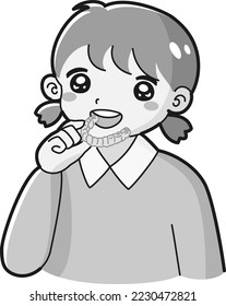 Illustration of a child with an orthodontic mouthpiece (black and white)