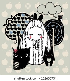 illustration of a child, an owl and a rabbit in the woods