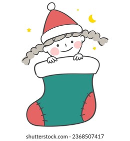 An illustration of a child in a pair of big Christmas socks.