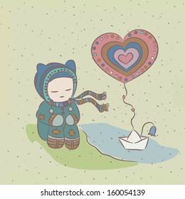 Illustration with child and a paper boat floating on the river, and heart.