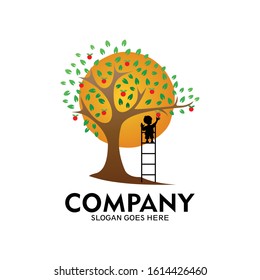 illustration of a child picking fruit from a tree by climbing a ladder, child logo picking fruit